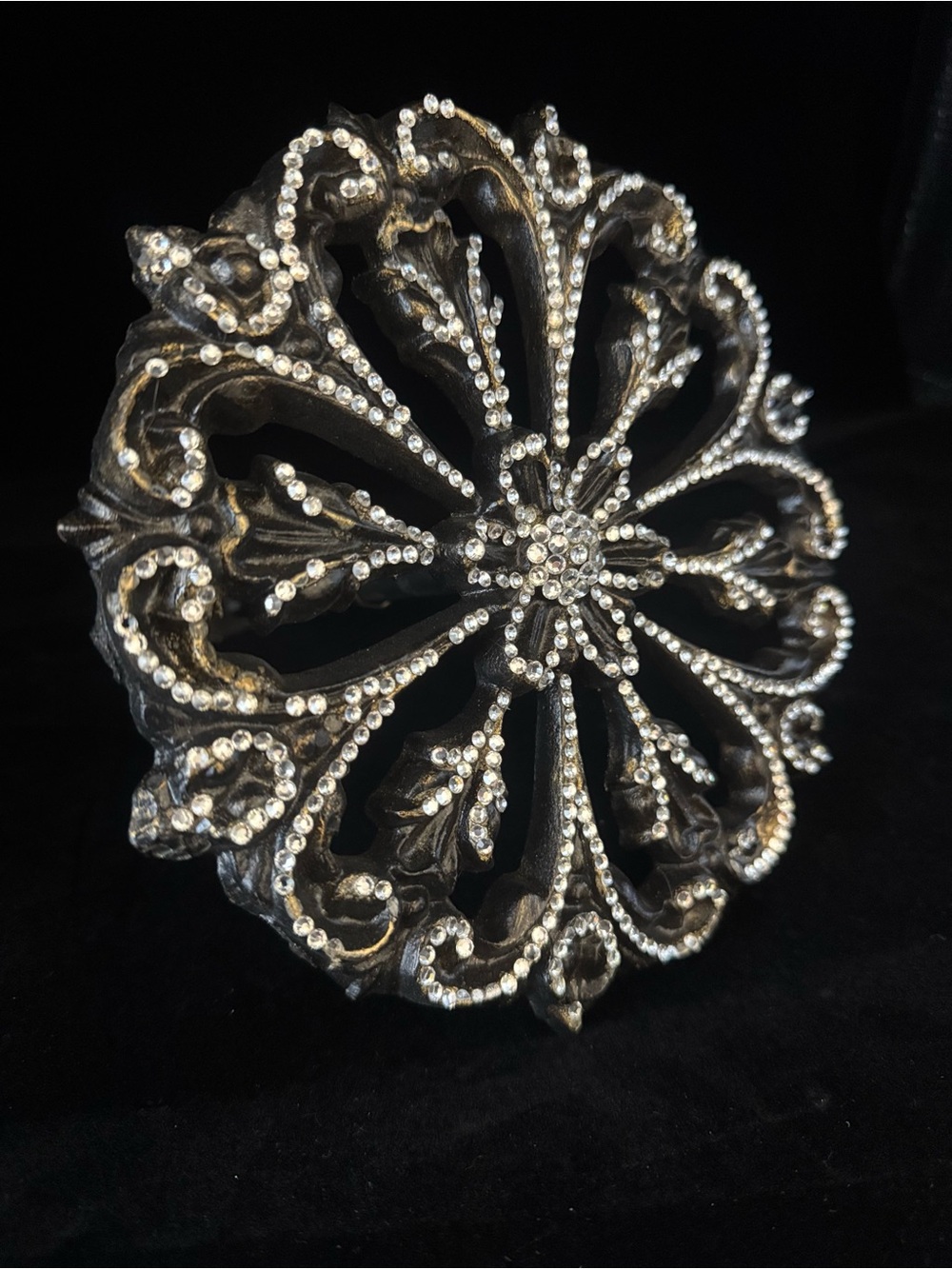 Ornate Black Decorative Wall Medallion with Clear Crystal Accents